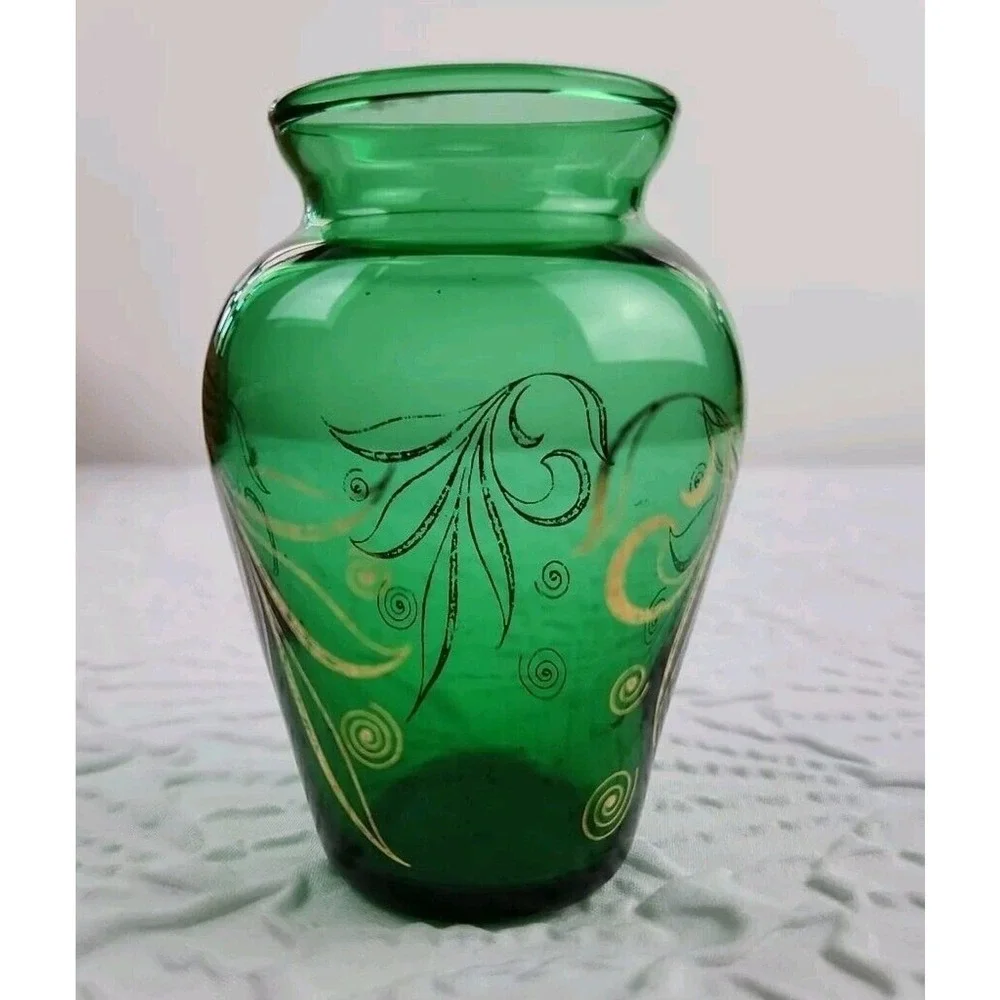 Vintage Anchor Hocking Emerald Green Glass Bud Vase Gold Accents 3.75